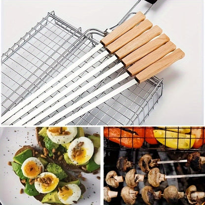 8-Pack Stainless Steel BBQ Skewers with Wooden Handles