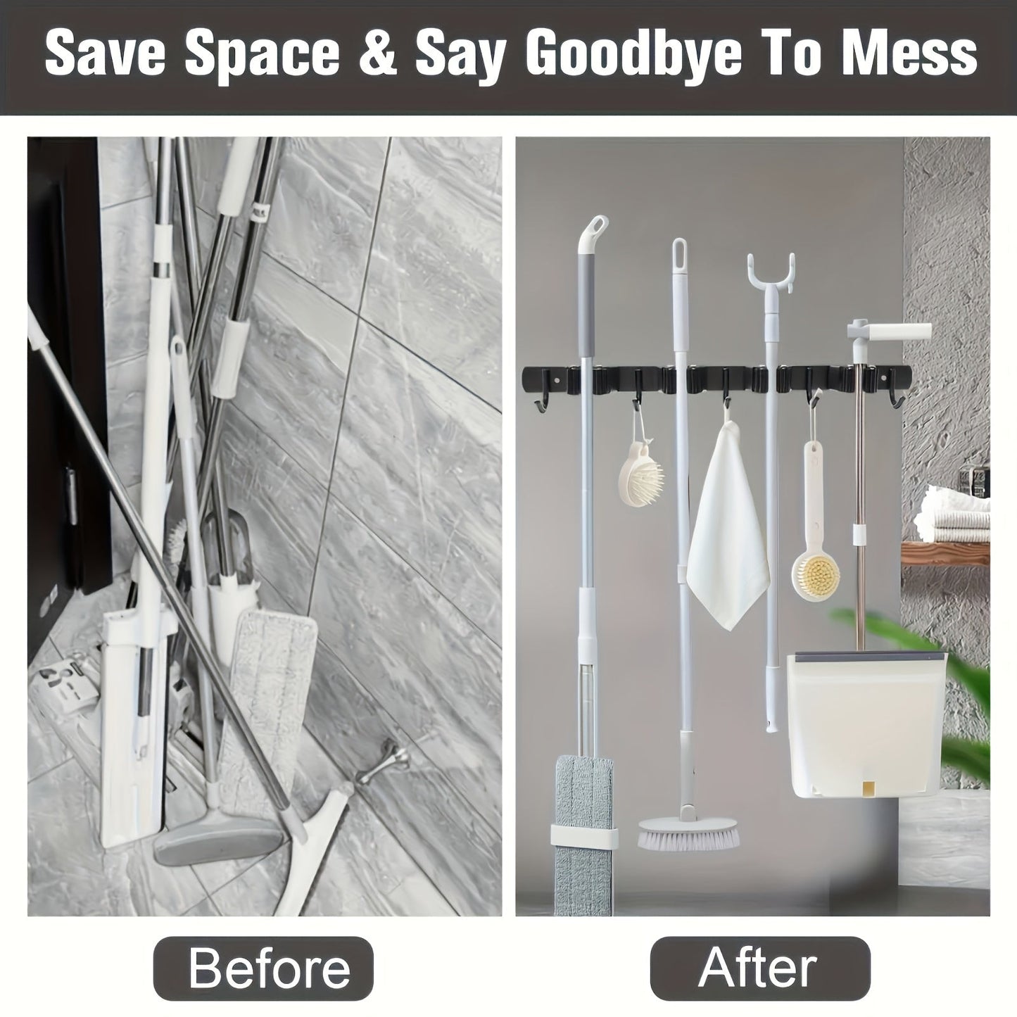 4-Shelf Broom and Mop Rack with 5 Hooks