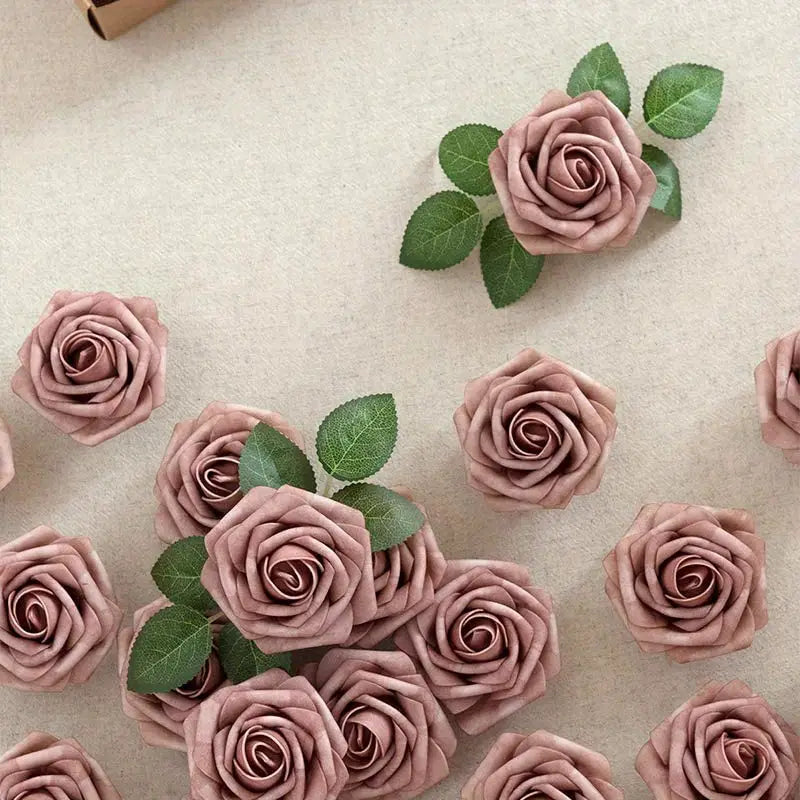 25pcs Retro Pink Artificial Roses | Dusty Rose Real Touch Simulation Flowers