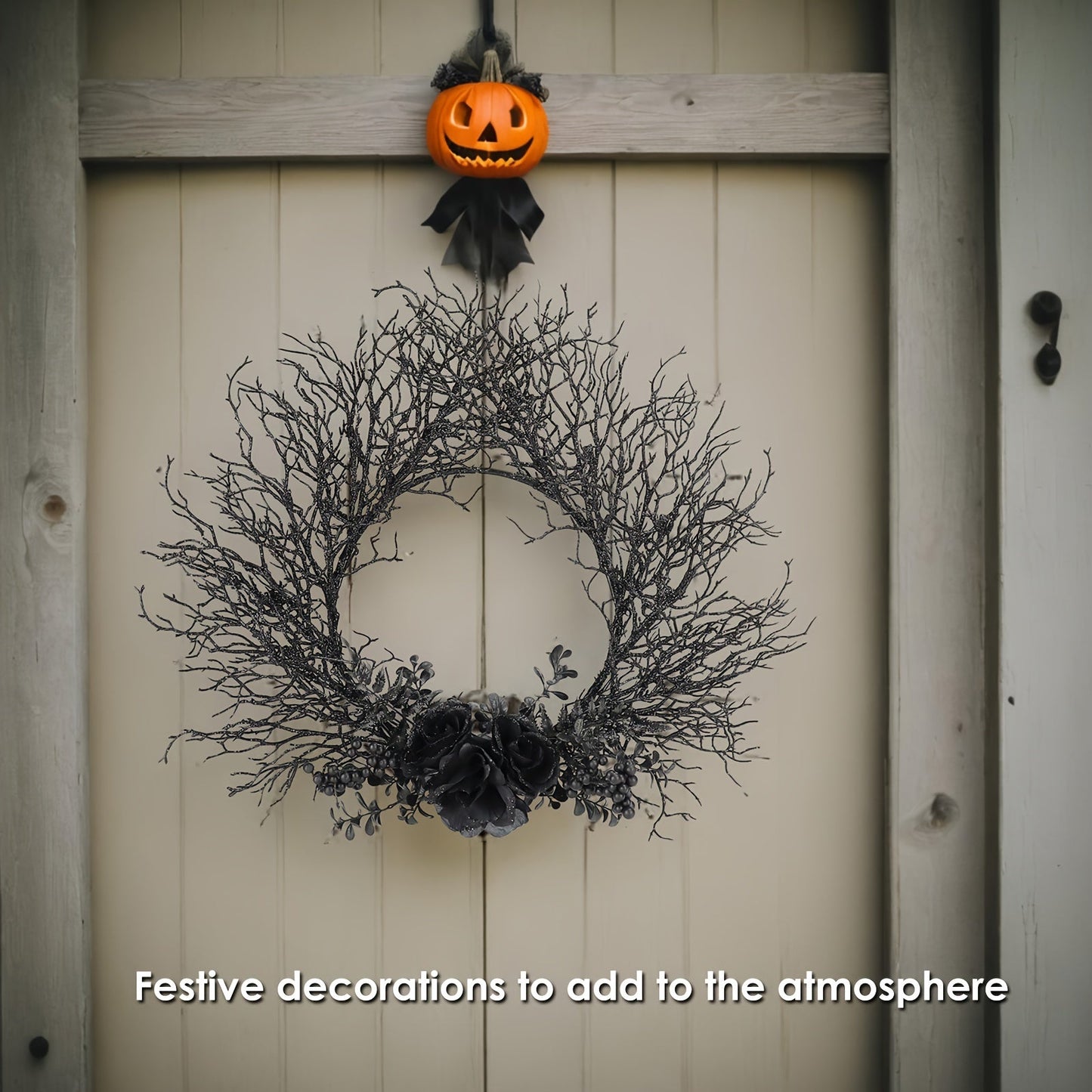Halloween Deadwood Wreath Black Roses Wall Hanging