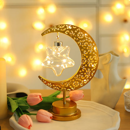 Crescent Moon Star LED Lantern Floral Pattern Battery-Powered