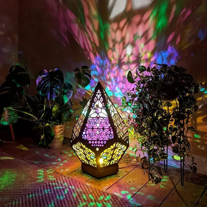 Wooden Bohemian Floor Lamp with USB Charging Port - Retro LED Colorful Diamond Lights