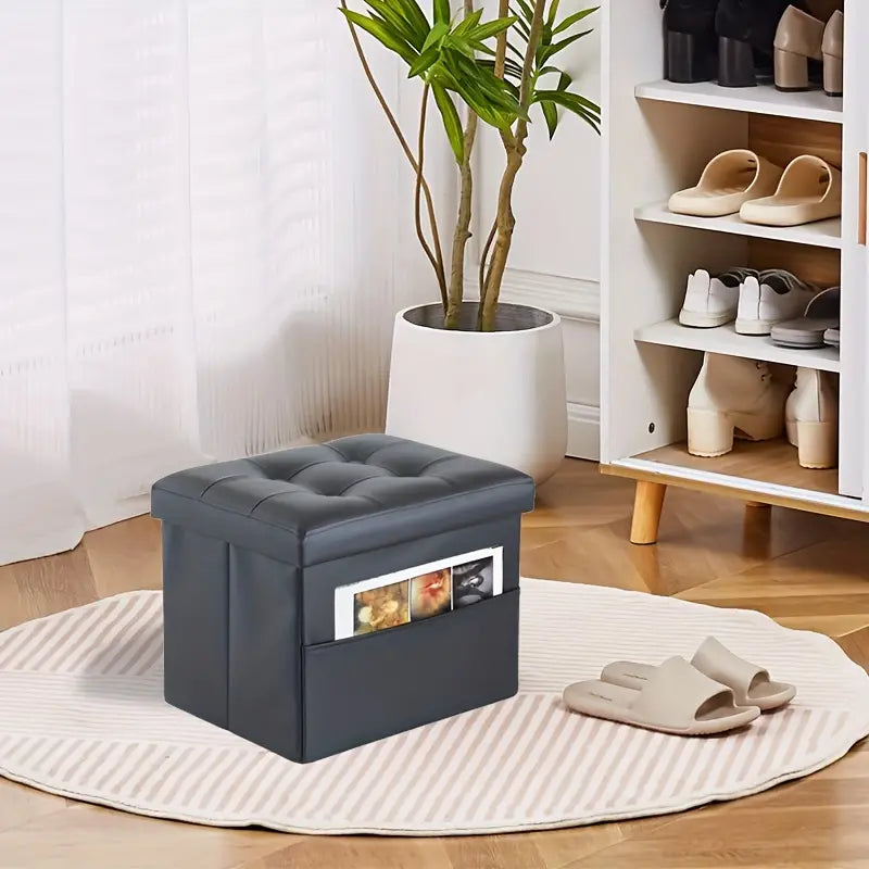 Black PU Leather Storage Ottoman: Folding Foot Stool with Thicker Foam