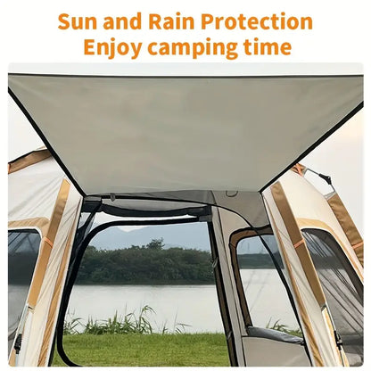 Hexagonal Fiberglass Pole Camping Tent - Silvery Glue Beige, 4-Person Capacity