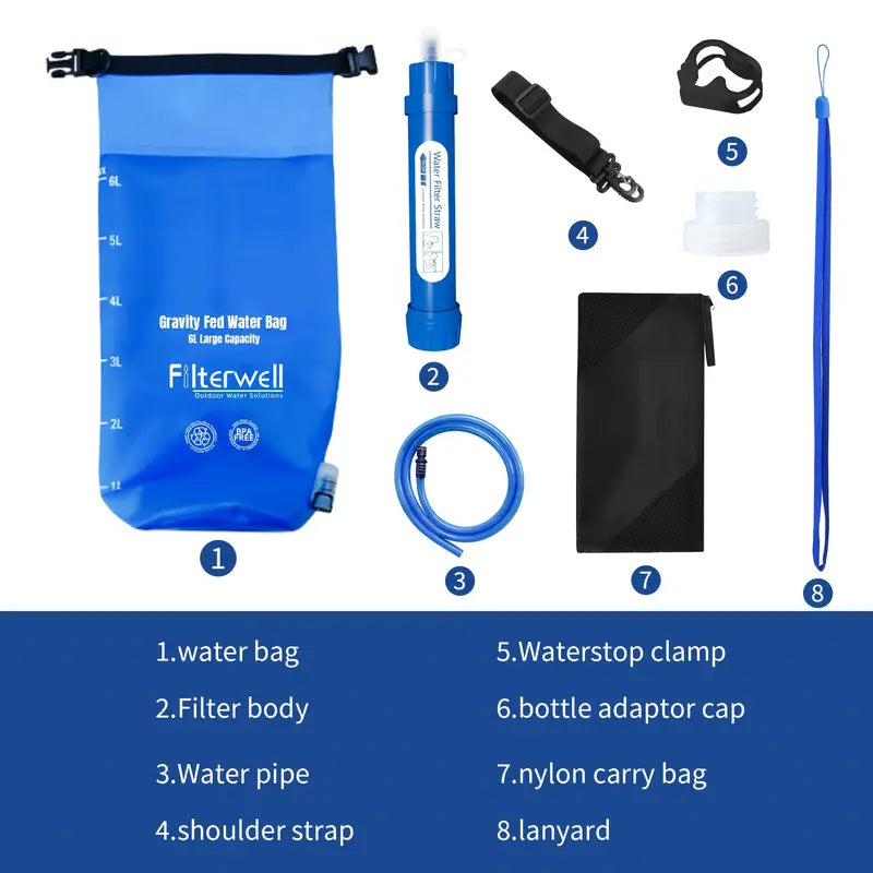 Filterwell 6L Gravity Water Filter Straw for Travel and Emergency