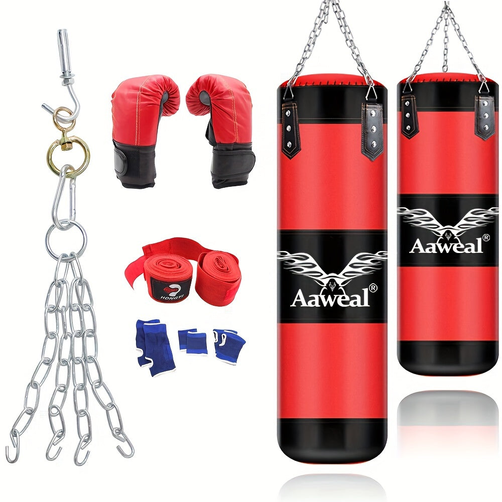 Hanging Hollow Boxing Sandbag Set with Hook for Home Gym(Red)