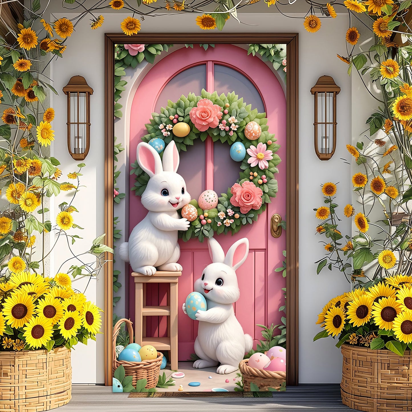 2D Easter Door Banner with Rabbits and Eggs