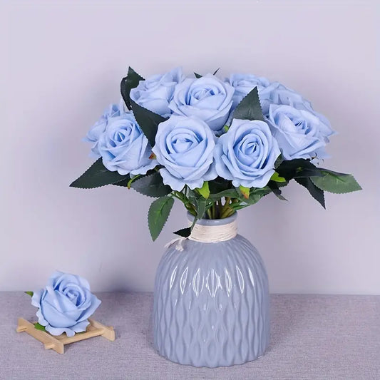 12-Piece Baby Blue Artificial Silk Roses - 30cm/11.81inch Long Stemmed Flowers