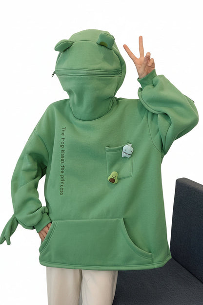 Cartoon Frog Fleece Zip-Up Hoodie