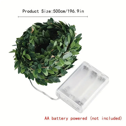 5m 50LED Green Leaf String Lights - Battery-Powered Fairy Lights