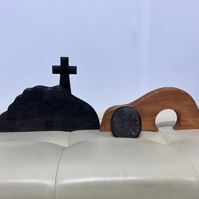 Handcrafted Wooden Cross Empty Tomb Easter Statue Set - Maple and Hickory Hardwood