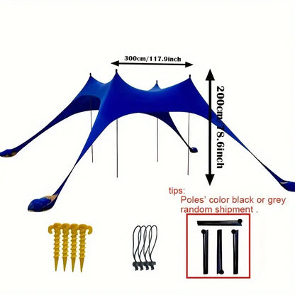 Extra Large Beach Tent Sun Shelter with UPF50+ Protection, Stability Poles, and Ground Pegs - Blue (Includes 4 Poles)