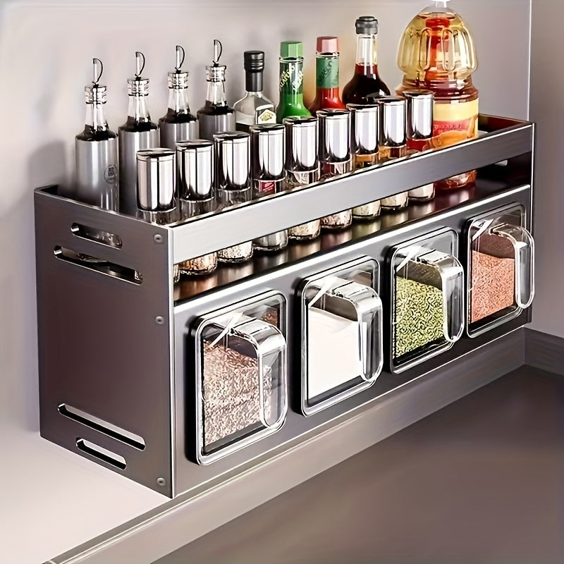 Wall-Mounted Aluminum Spice Rack with Clear Jars