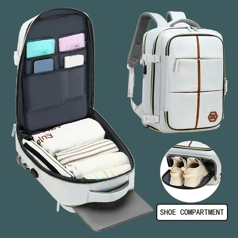 Travel Backpack with Airline-Approved Laptop Compartment and Shoes Compartment - Silver Gray and Chest Bag