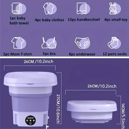 Portable Mini Washing Machine - Collapsible, 8L Capacity, 3 Sterilizing Modes, Purple