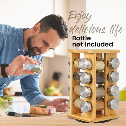Bamboo Revolving Spice Rack - 16-Jar Countertop Organizer for Kitchen Storage