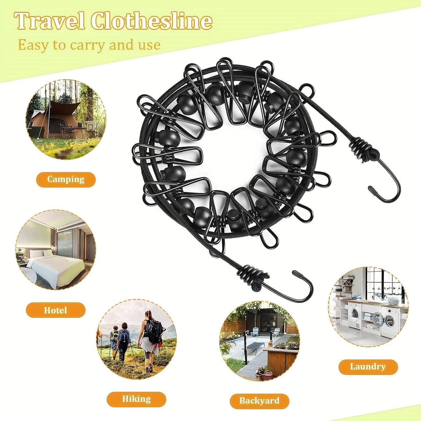 Camping Clothes Drying Rope with 12 Clips
