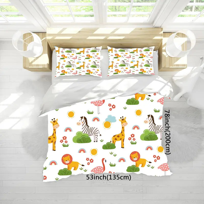 Cartoon Animal Microfiber Duvet Cover Set - Lion, Flamingo, Deer, Zebra Print (3pcs)