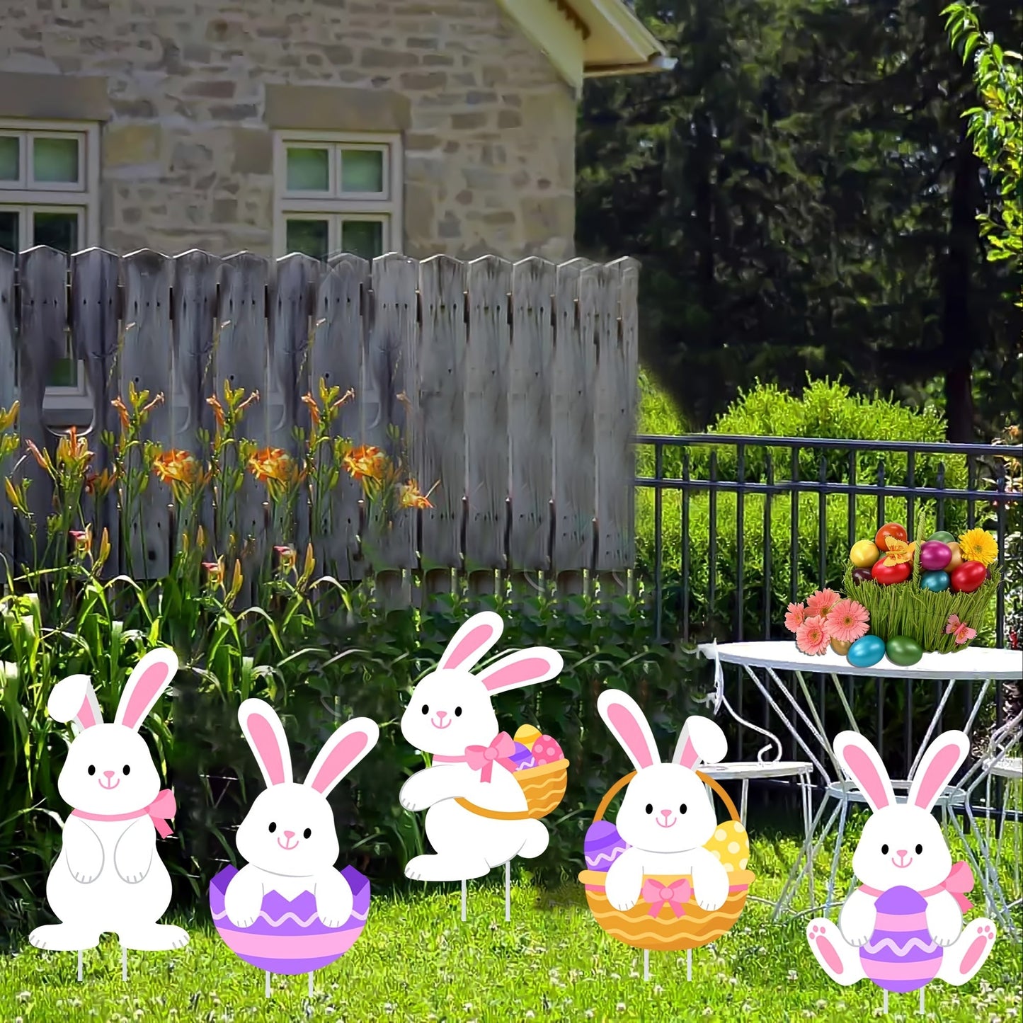 5pcs Waterproof Bunny and Easter Eggs Yard Signs