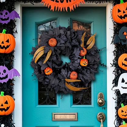 Halloween Black Pumpkin Maple Leaf Door Wreath