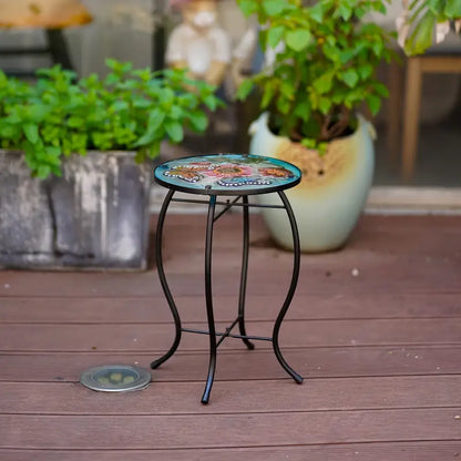 Terrance Floral Patio Side Table - Small Outdoor Glass End Table