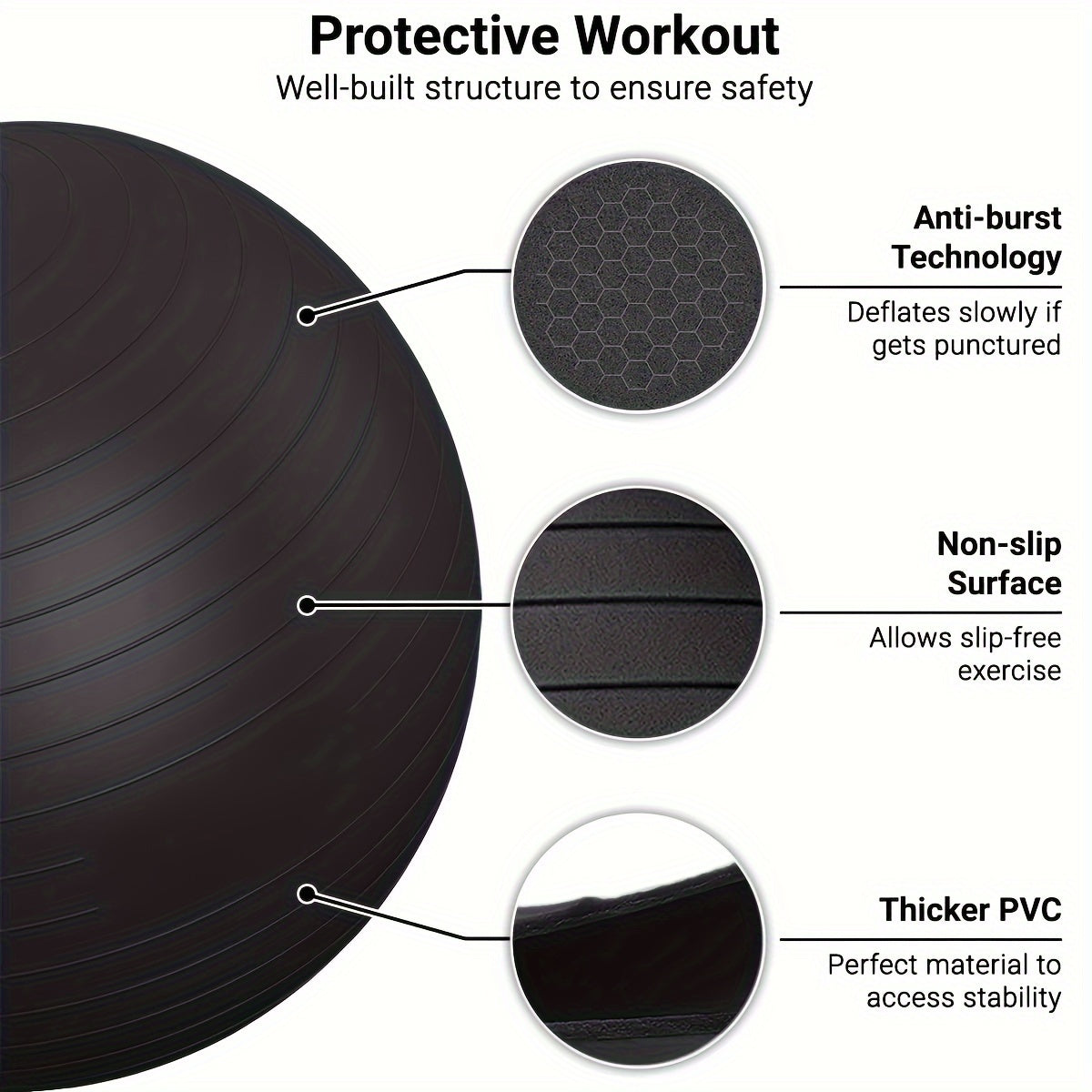 Heavy-Duty Explosion-Proof Yoga Ball with Air Plug and Pump(Black)