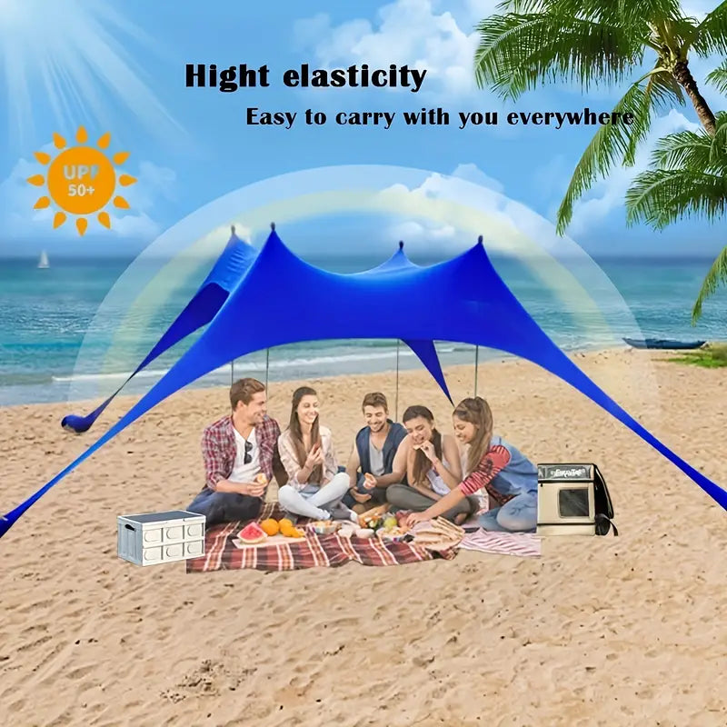 Extra Large Beach Tent Sun Shelter with UPF50+ Protection, Stability Poles, and Ground Pegs - Blue (Includes 4 Poles)