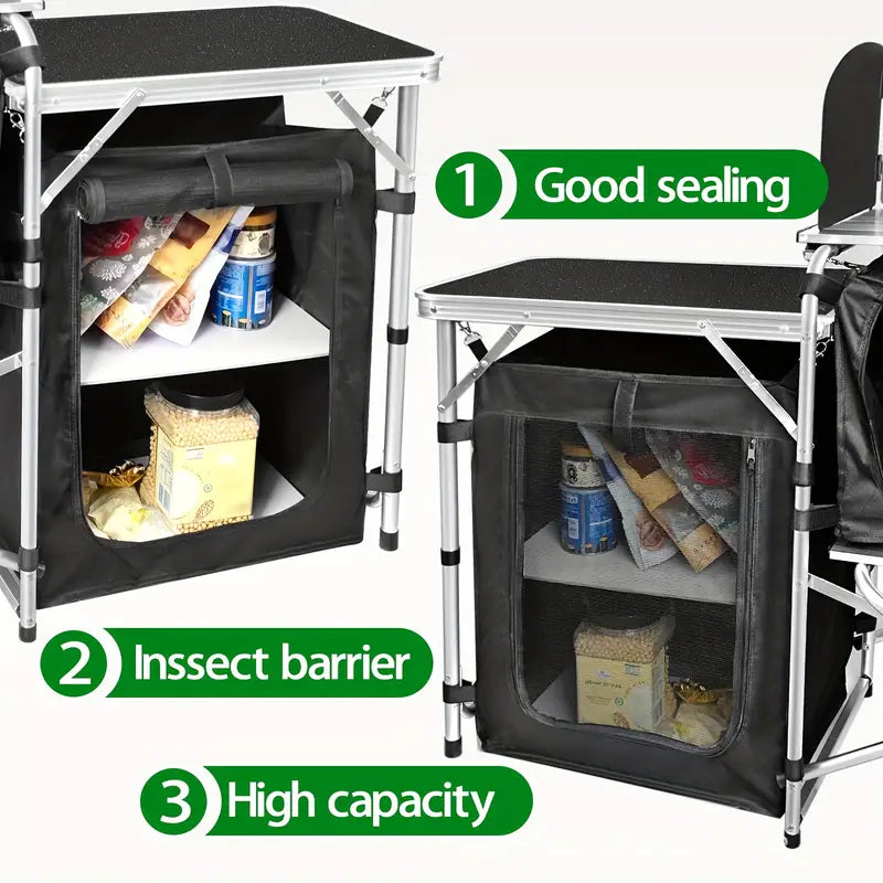 Portable Foldable Outdoor Kitchen Table with Food Storage Organizer