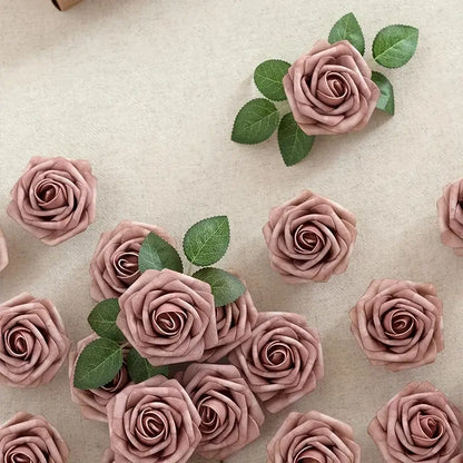Dusty Rose Artificial Roses Flowers (25pcs) - Real Touch PE Foam, Flexible Wire Stems