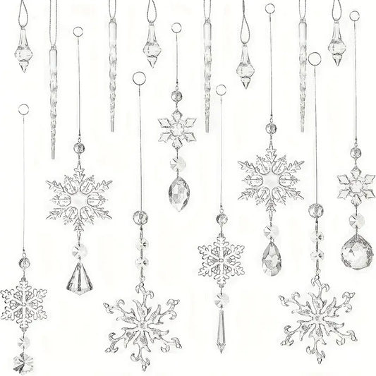 Crystal Elegance: Set of 16 Transparent Christmas Snowflake Ornaments