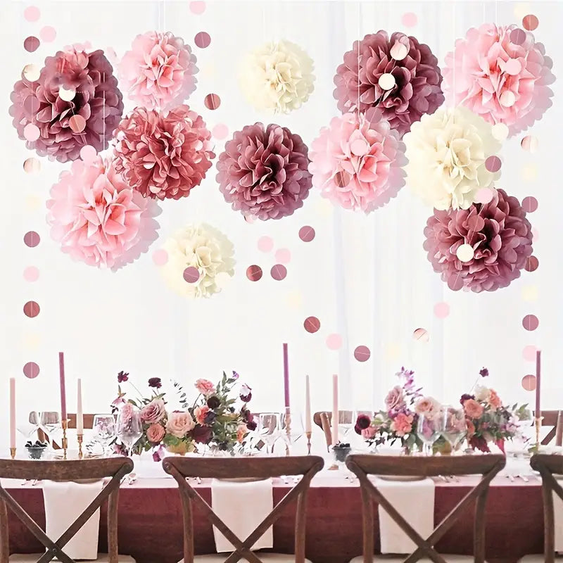 Dusty Rose Blush Pink Tissue Pom Poms Flowers Set - 15pcs Lotus Root Paper Flowers