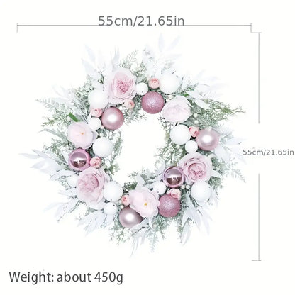 Blushing Elegance: A Pink Christmas Wreath Adorned with Baubles