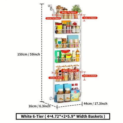 White Multi-Layer Metal Hanging Storage Basket - Over the Door Organizer with 6 Tiers