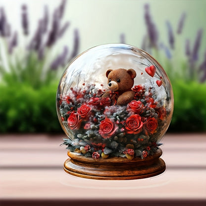Acrylic Crystal Ball Ornament with Teddy Bear and Roses