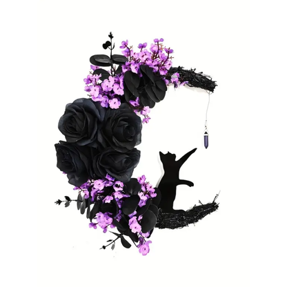 Halloween Black Cat Crescent Moon Wreath