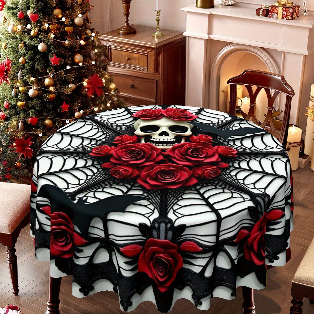 Gothic Skull Roses Round Tablecloth