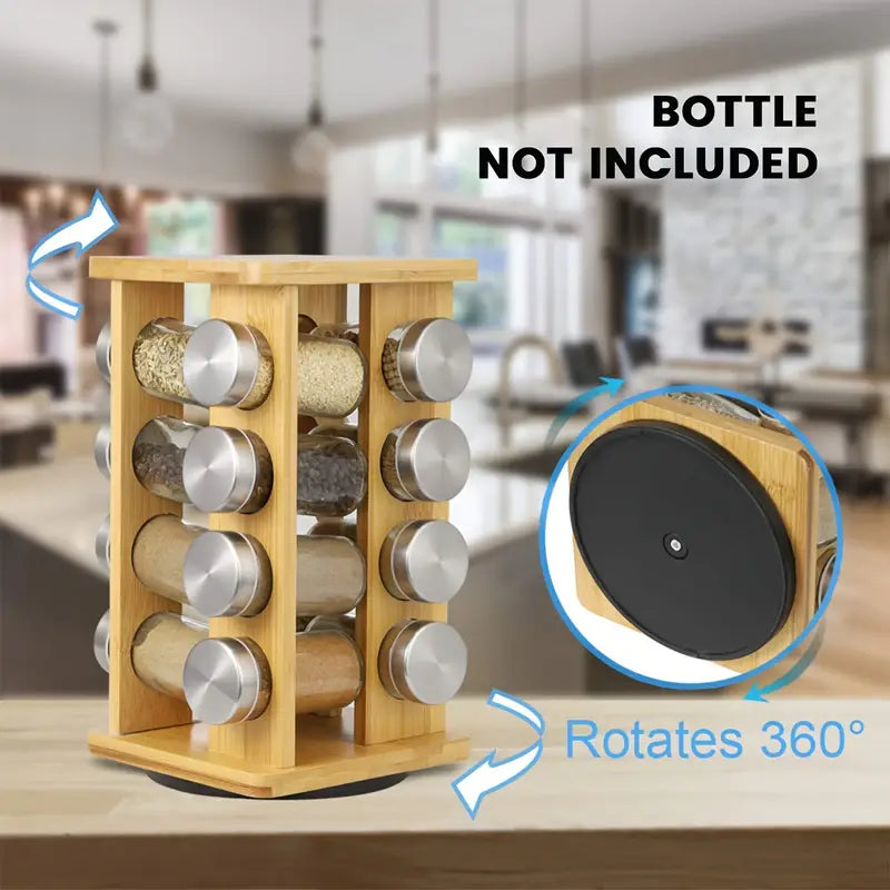 Bamboo Revolving Spice Rack - 16-Jar Countertop Organizer for Kitchen Storage