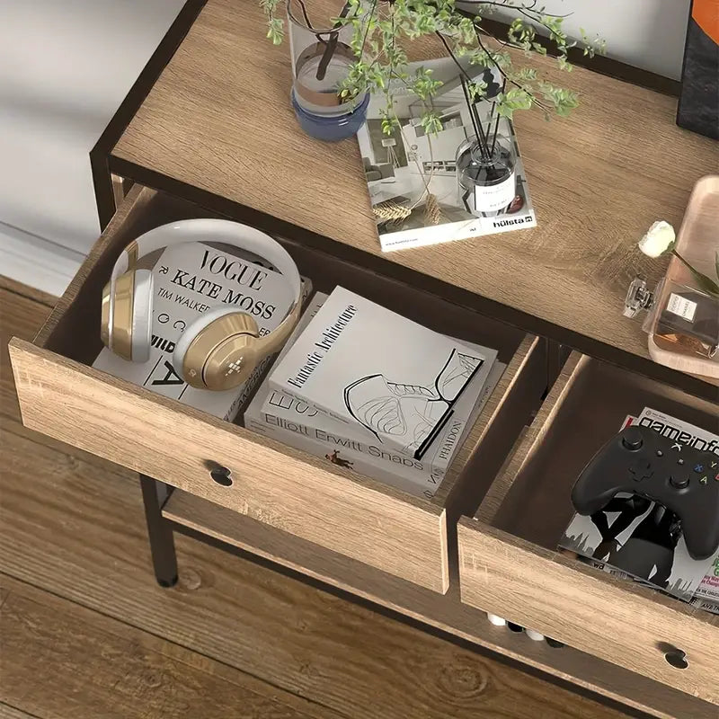 Brown Rectangular Living Room Entryway Table with Shelf and Two Drawers