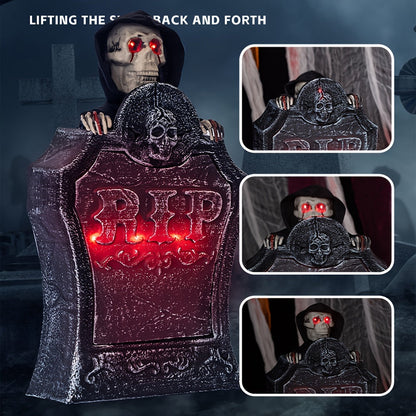 Glowing Halloween Tombstone with Red Light Skull