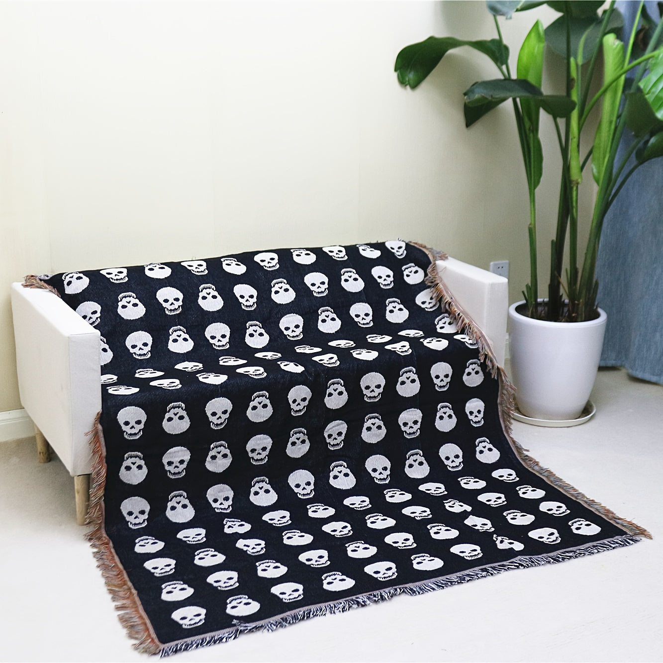 Cozy Bohemian Blanket with White Skull Print & Tassel Trim