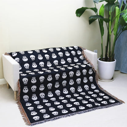 Cozy Bohemian Blanket with White Skull Print & Tassel Trim