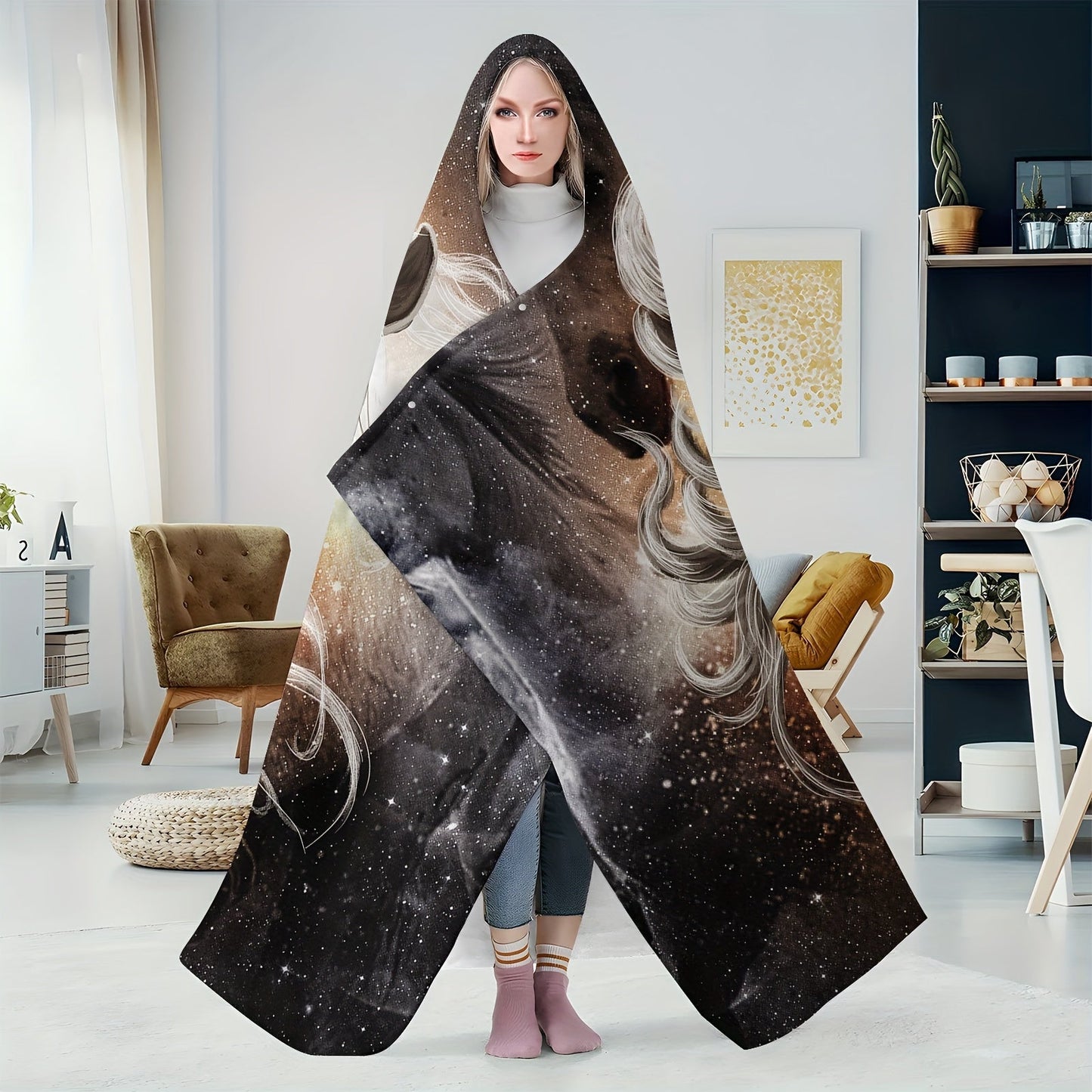 Horse Pattern Wearable Blanket Flannel Hooded Throw