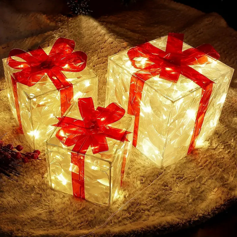 Sparkling Trio: Festive LED Christmas Gift Boxes Set