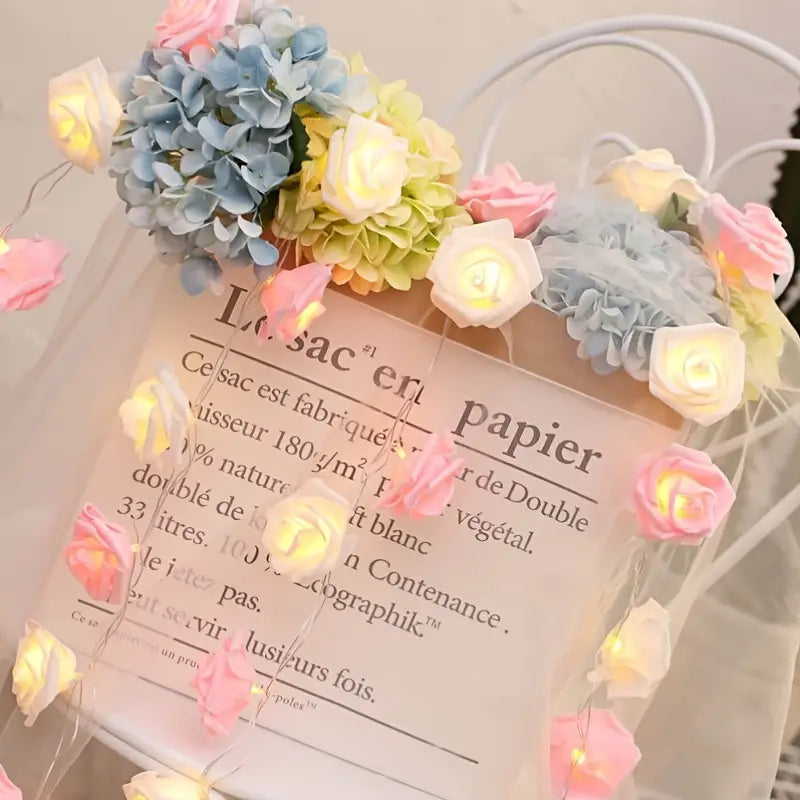 LED Foam Rose Flower String Lights - Touch-Controlled Small Lantern (Pink & White)