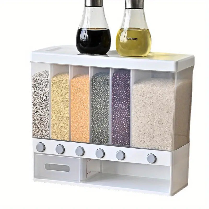 1pc Wall-Mounted Multi-Grid Food Dispenser - Large Capacity Rice Bucket