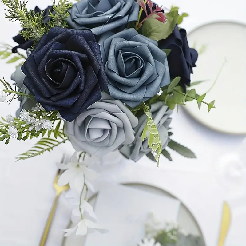 25-Piece Soft-Touch Foam Artificial Rose Flowers - Five Shades of Blue