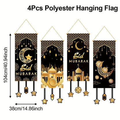 4pcs Black Golden Moon Islamic Hanging Flags