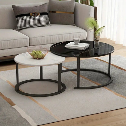 Elegance in Contrast: Set of 2 Round Nesting Marble Coffee Tables in Style9: Black and White