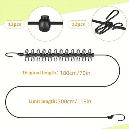 Camping Clothes Drying Rope with 12 Clips