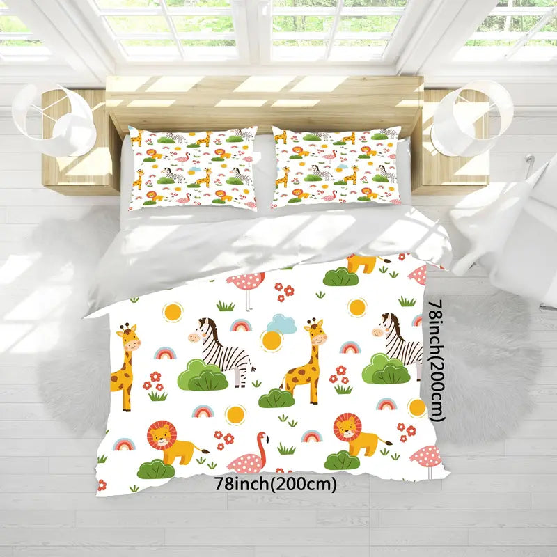 Cartoon Animal Microfiber Duvet Cover Set - Lion, Flamingo, Deer, Zebra Print (3pcs)
